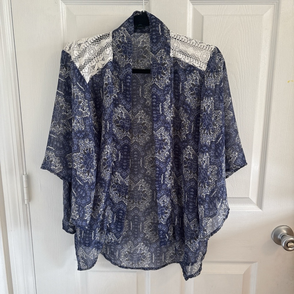 Blue Paisley Kimono Cardigan / Boho Crochet Lace Festival Coverup / Size S